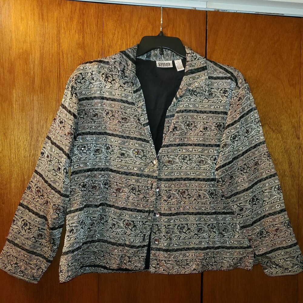 Beautiful black, silver & hint of pink sparkly jacket from Chicos.